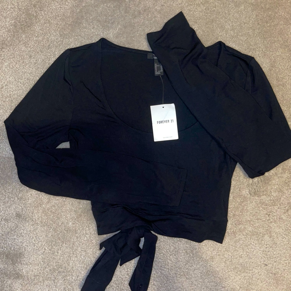Forever 21 Black Long Sleeve Crop Top with Tie, NWT, Size: XL